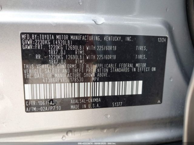 4T3B6RFVXSU178530 Toyota Rav4 Hybrid Xle Premium