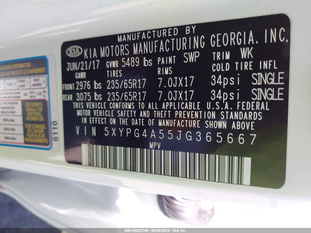 5XYPG4A55JG365667 KIA Sorento 3.3l Lx