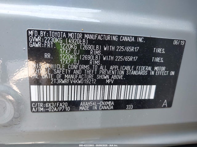 2T3RWRFV4KW019212 Toyota Rav4 Hybrid Xle