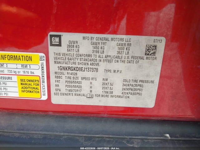 1GNKRGKD8EJ137378 Chevrolet llt