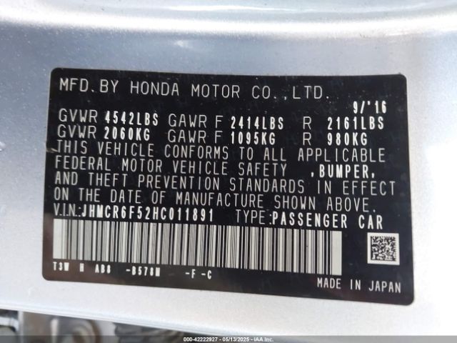 JHMCR6F52HC011891 Honda Accord Hybrid Ex-l