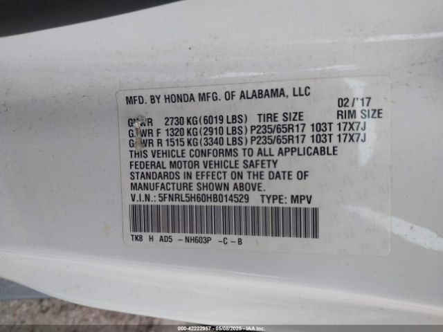 5FNRL5H60HB014529 Honda Odyssey Ex-l
