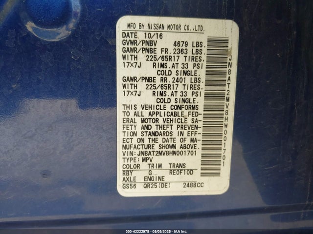 JN8AT2MV8HW001701 Nissan ROGUE SV