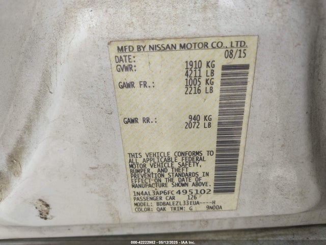 42222982 :رقم المزاد ، 1N4AL3AP6FC495102 vin ، 2015 Nissan Altima 2.5/2.5 S/2.5 Sl/2.5 Sv مزاد بيع