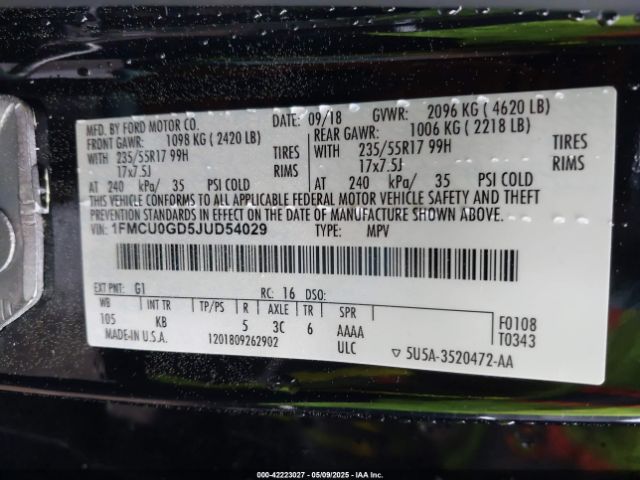 1FMCU0GD5JUD54029 Ford ESCAPE SE