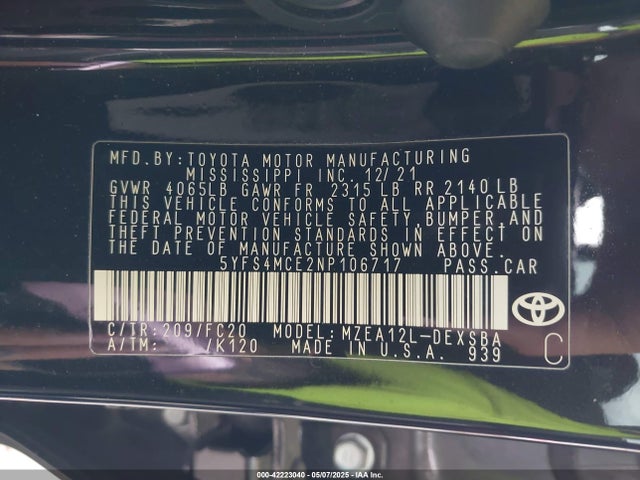 5YFS4MCE2NP106717 Toyota COROLLA SE