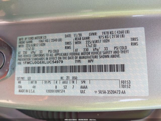 2020 FORD ESCAPE 1FMCU0G6XLUC54979 Photo 8