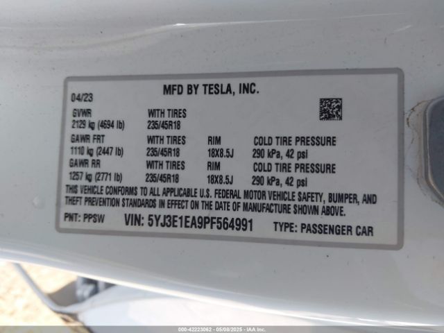 5YJ3E1EA9PF564991 Tesla Model 3 Rear-wheel Drive