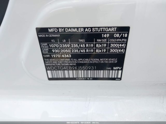 WDCTG4EB9KJ550931 Mercedes-Benz GLA 250
