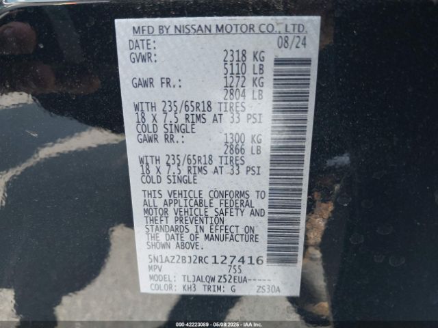 5N1AZ2BJ2RC127416 Nissan Murano Sv Fwd