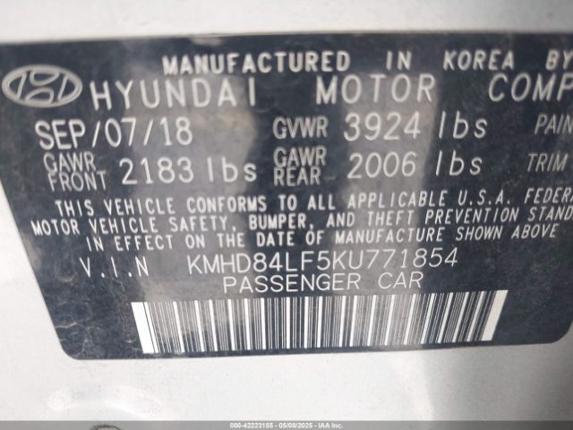 KMHD84LF5KU771854 Hyundai ELANTRA SEL
