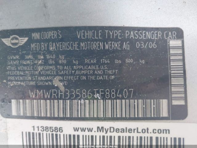 2006 MINI COOPER S WMWRH33586TF88407 Photo 8