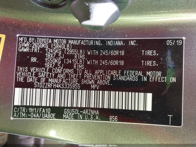 5TDZZRFH4KS335955 Toyota Highlander Le Plus