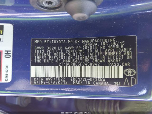 2T1BURHE5FC458942 Toyota Corolla S Plus