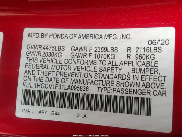 1HGCV1F31LA095836 Honda Accord Sport