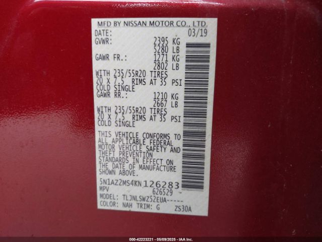 5N1AZ2MS4KN126283 Nissan Murano Platinum