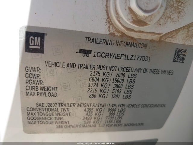 1GCRYAEF1LZ177031 Chevrolet Silverado 1500 4wd Double Cab Standard Bed Wt