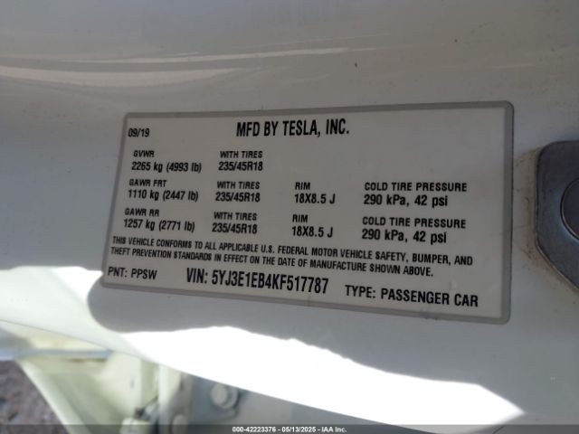 5YJ3E1EB4KF517787 Tesla Model 3 Long Range/performance