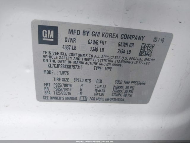 KL7CJPSBXKB757316 Chevrolet Trax Lt