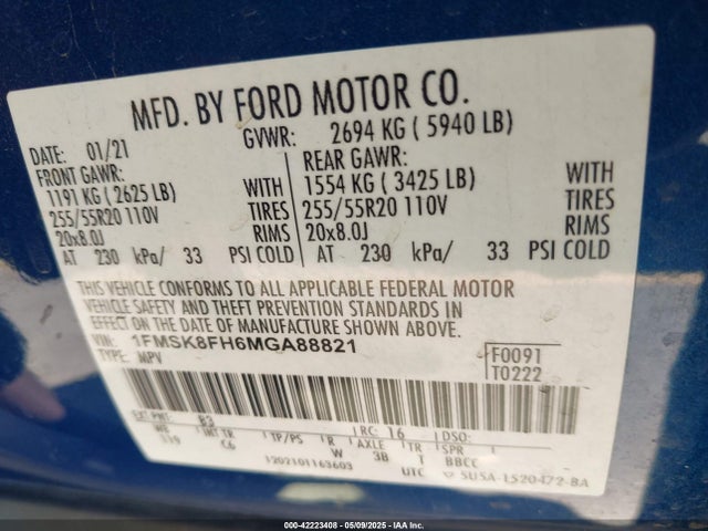 1FMSK8FH6MGA88821 Ford 2021