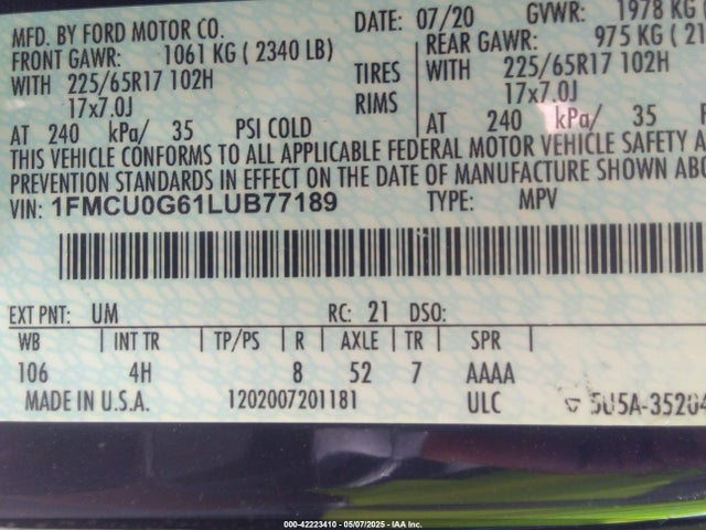 1FMCU0G61LUB77189 Ford ESCAPE SE