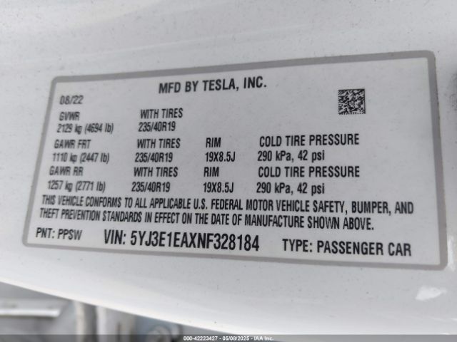 5YJ3E1EAXNF328184 Tesla Model 3 Rear-wheel Drive