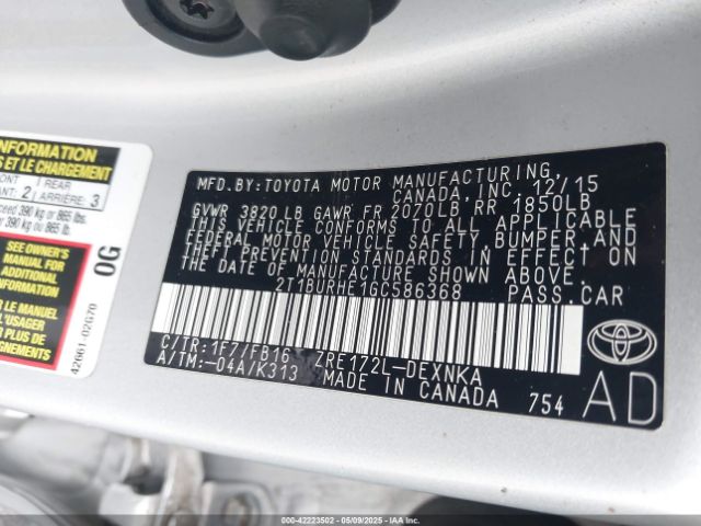 2T1BURHE1GC586368 Toyota COROLLA LE