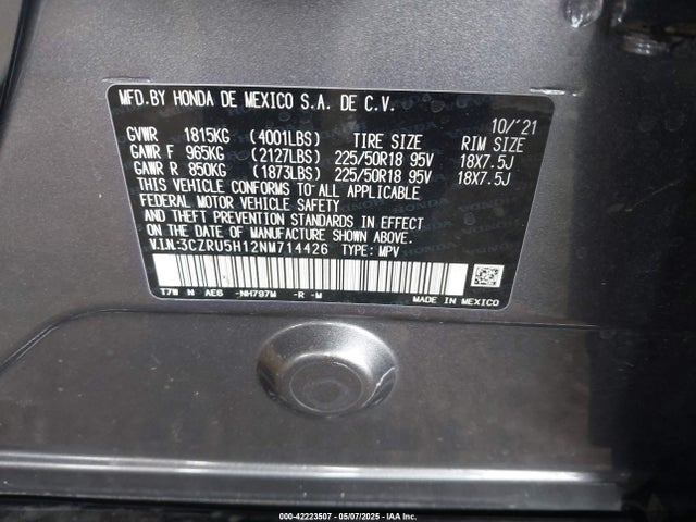 3CZRU5H12NM714426 Honda r18z9