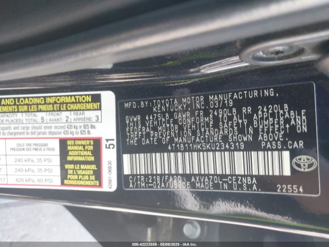 4T1B11HK5KU234319 Toyota CAMRY LE