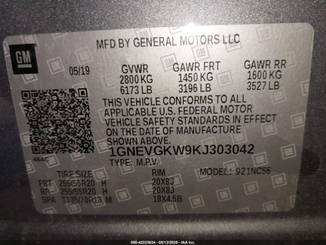 1GNEVGKW9KJ303042 Chevrolet lfy - spark ignited direct injection, atss, gen 1