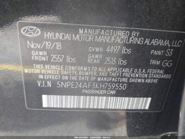 5NPE24AF3KH759550 Hyundai SONATA SE