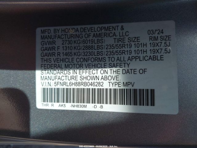 5FNRL6H88RB046282 Honda Odyssey Touring
