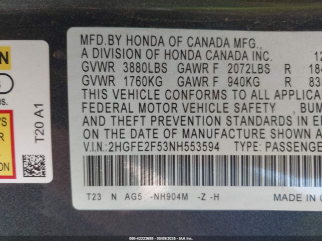 2HGFE2F53NH553594 Honda Civic Sport