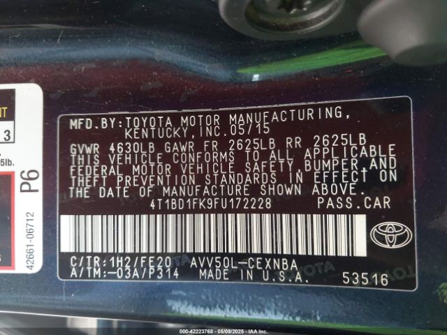 4T1BD1FK9FU172228 Toyota Camry Hybrid Le