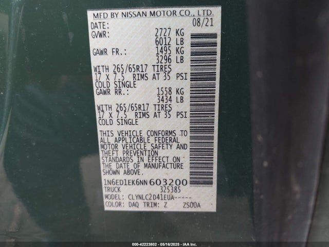 1N6ED1EK6NN603200 Nissan Frontier