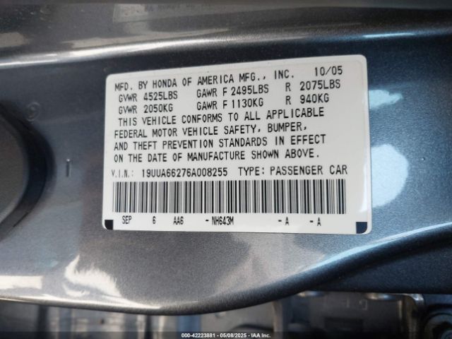 2006 ACURA TL 19UUA66276A008255 Photo 8