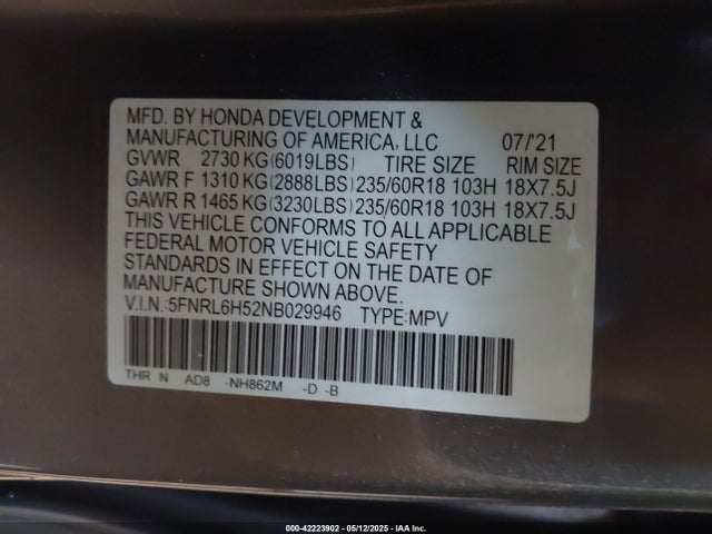 5FNRL6H52NB029946 Honda ODYSSEY EX
