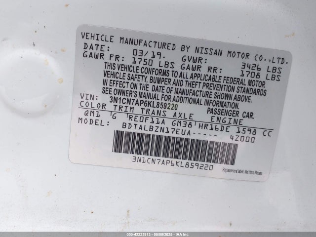 3N1CN7AP6KL859220 Nissan Versa 1.6 Sv