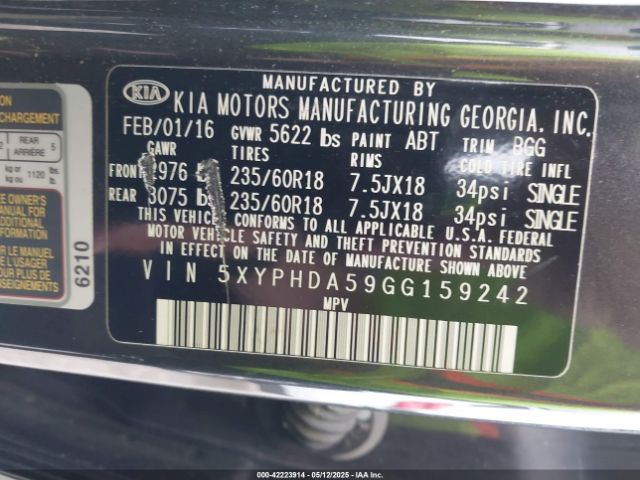 5XYPHDA59GG159242 KIA Sorento 3.3l Ex