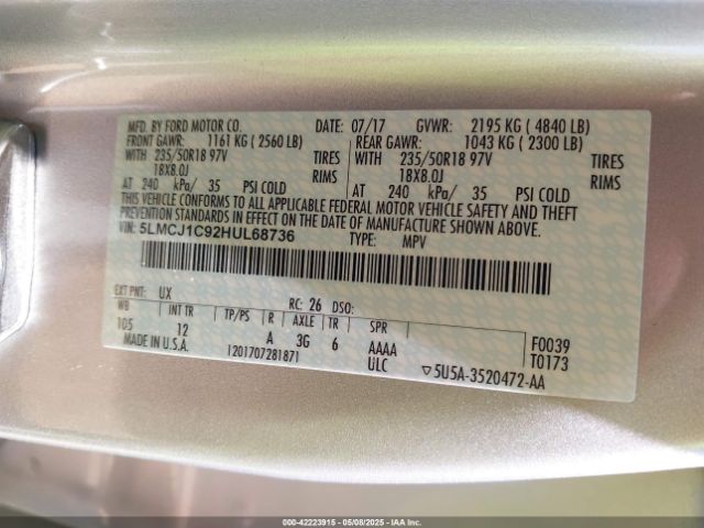 5LMCJ1C92HUL68736 Lincoln Mkc Premiere