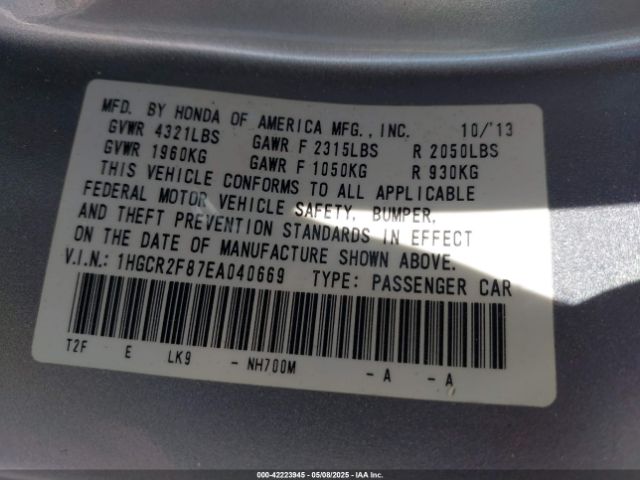 1HGCR2F87EA040669 Honda Accord Ex-l