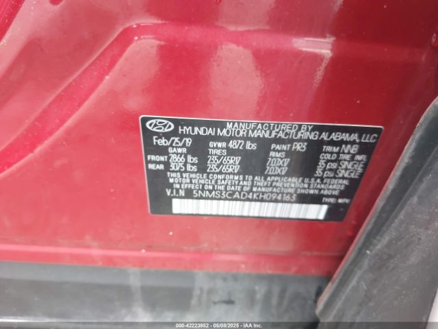 5NMS3CAD4KH094163 Hyundai Santa Fe Sel