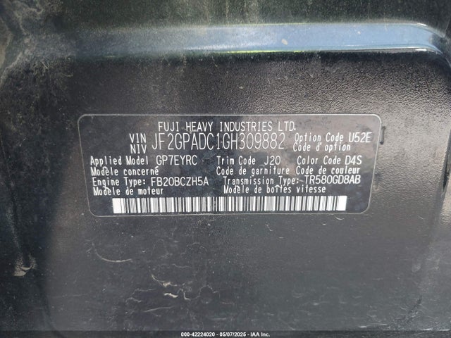 Subaru naturally aspirated 2016 JF2GPADC1GH309882 Image 9