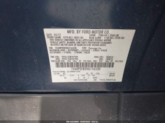 1FAHP2E82HG116530 Ford TAURUS SEL