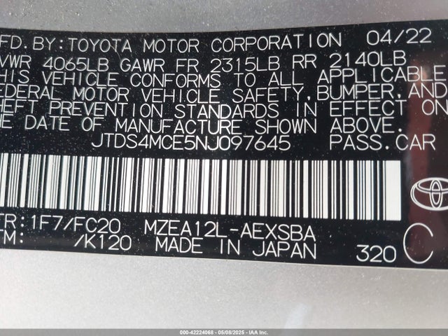 JTDS4MCE5NJ097645 Toyota COROLLA SE