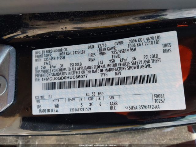 1FMCU0GD0HUC66077 Ford ESCAPE SE