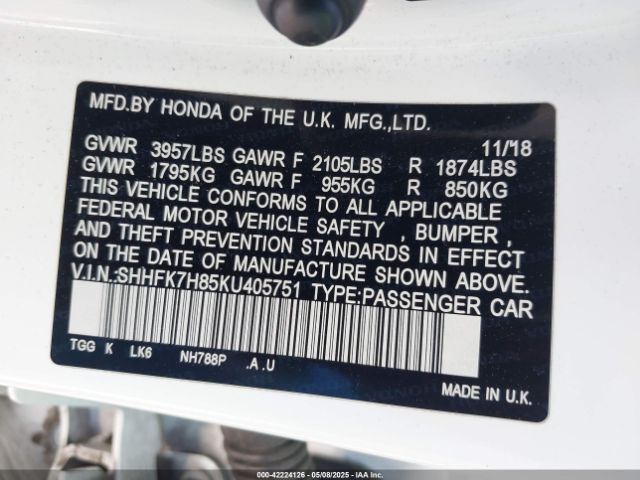 SHHFK7H85KU405751 Honda Civic Ex-l