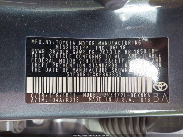 5YFBURHEXKP863852 Toyota COROLLA LE
