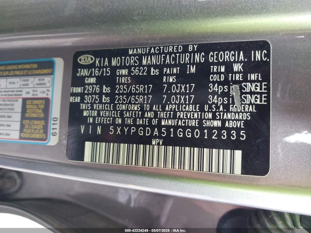 5XYPGDA51GG012335 KIA Sorento 3.3l Lx