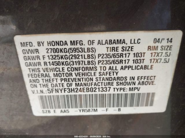 5FNYF3H24EB021337 Honda PILOT LX